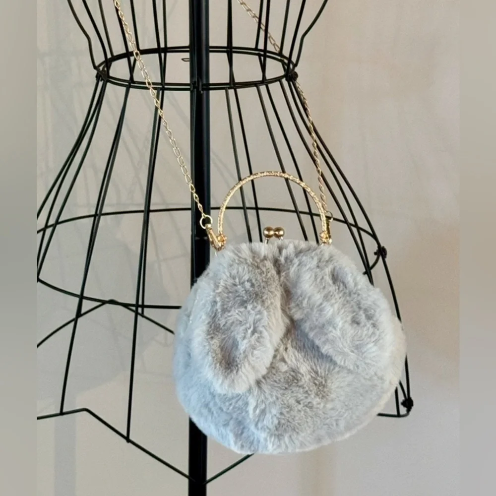 New Fuzzy Faux Fur Gray Winter Rabbit Bunny Ears Crossbody Shoulder Purse Bag